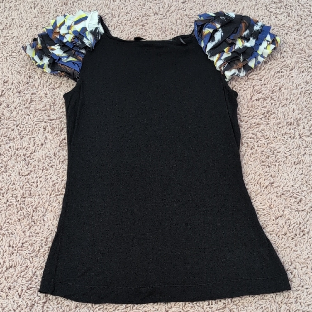 L.A.M.B Black Top with Patterned Ruffled Sleeves